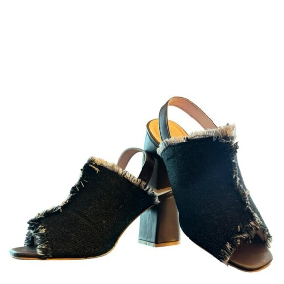Nature Breeze Peep Toe Sligback Black Denim Gromet Cutout Chunky Heels - Picture 1 of 9